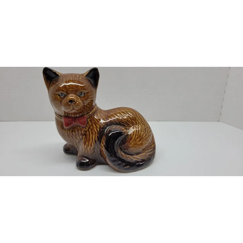Vintage Porcelain Kitty‎ Cat Handcrafted Collectibles Brown Black Red Bow Tie